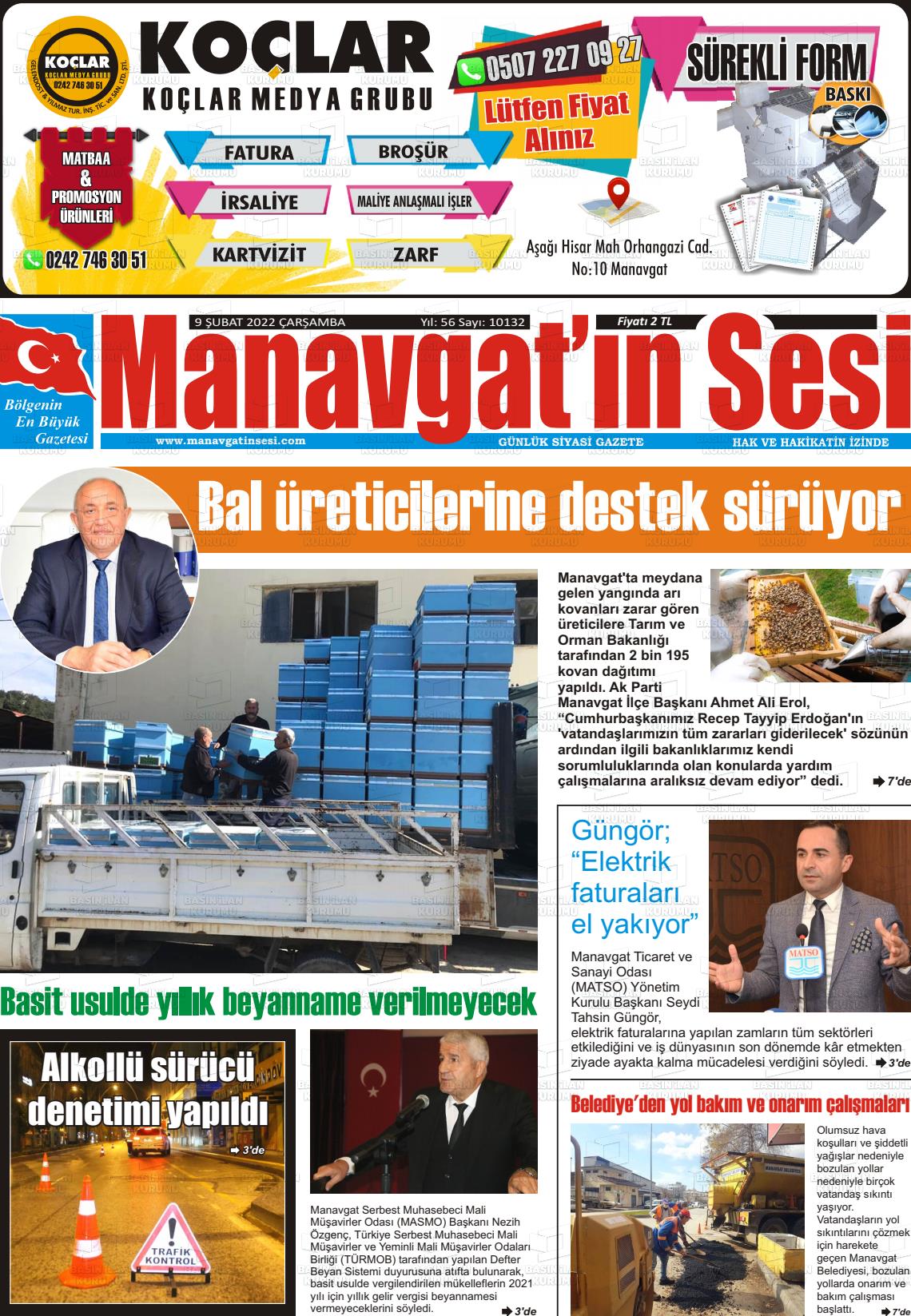 09 Şubat 2022 Manavgat'ın Sesi Gazete Manşeti