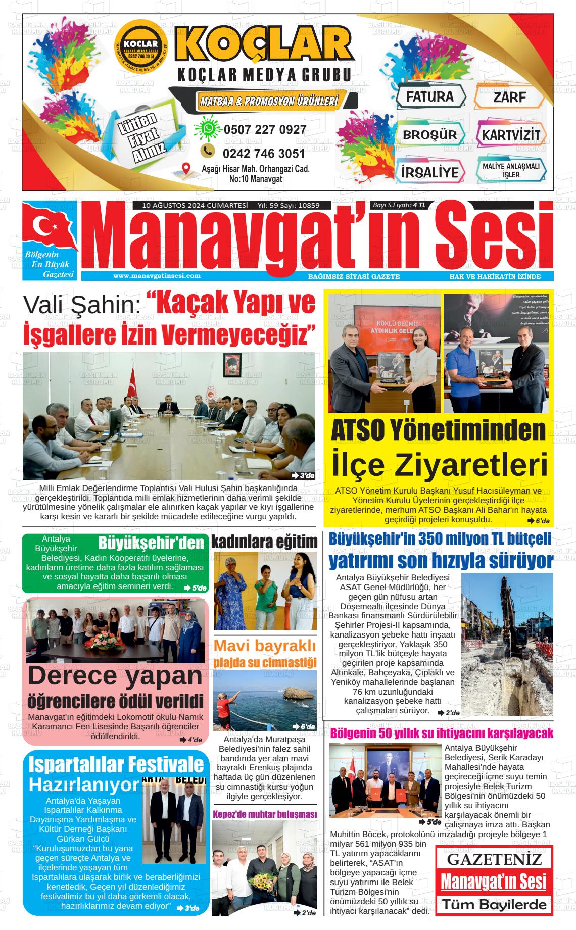 10 Ağustos 2024 Manavgat'ın Sesi Gazete Manşeti