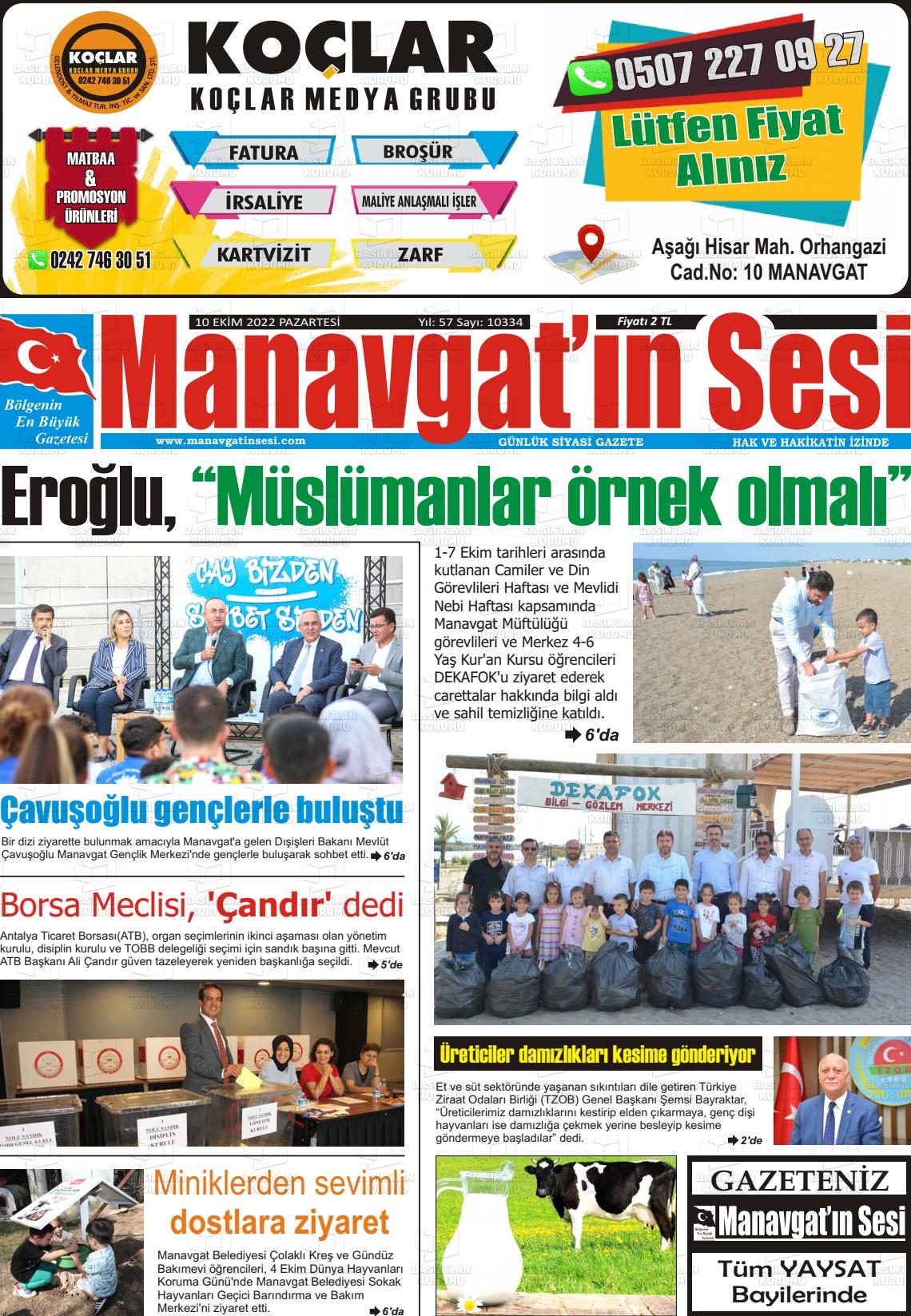 10 Ekim 2022 Manavgat'ın Sesi Gazete Manşeti