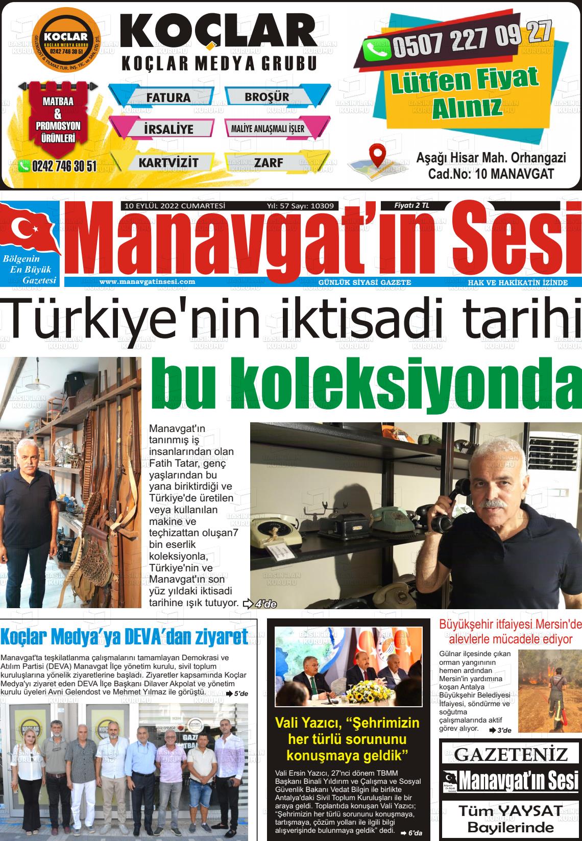 10 Eylül 2022 Manavgat'ın Sesi Gazete Manşeti