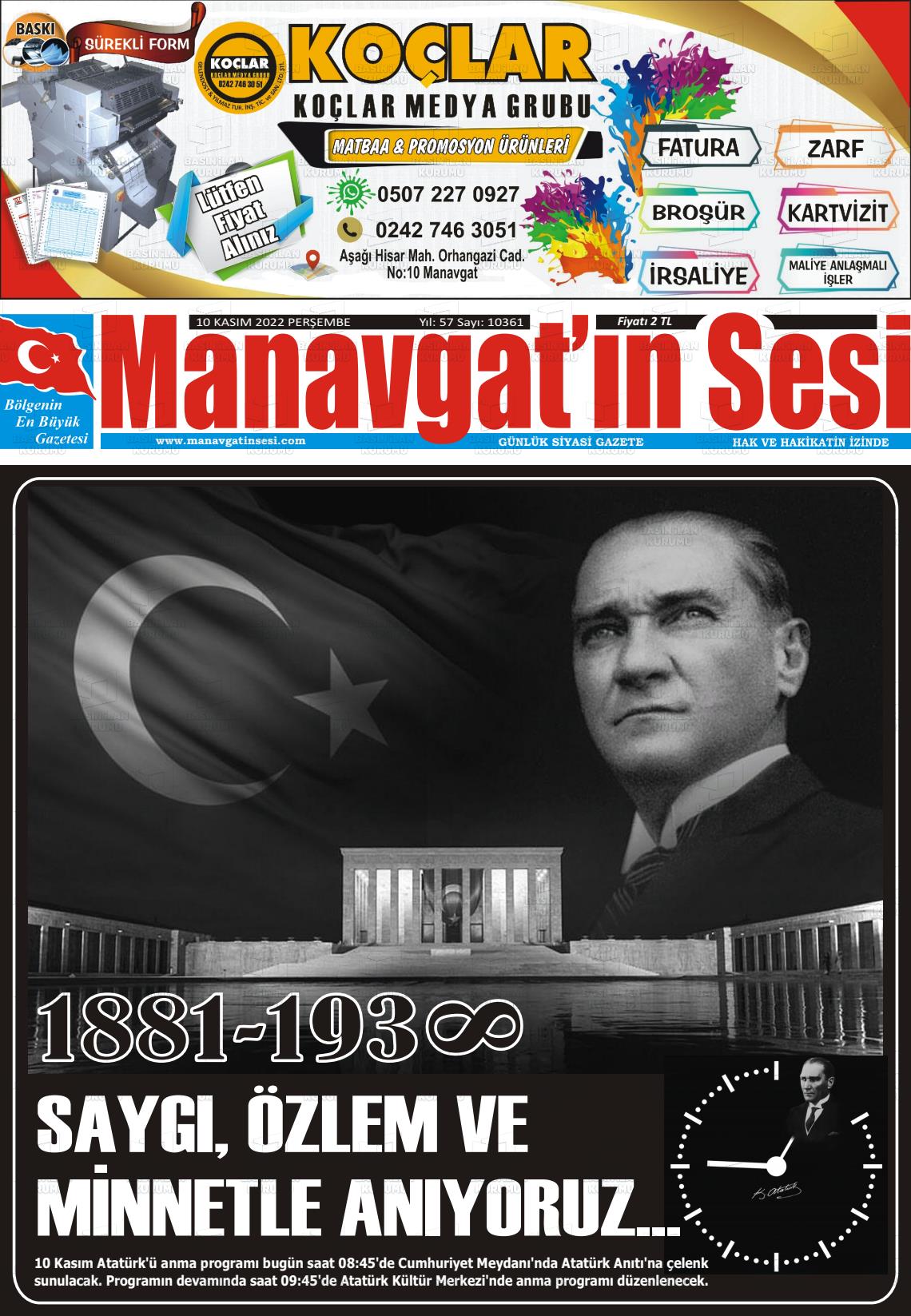 10 Kasım 2022 Manavgat'ın Sesi Gazete Manşeti