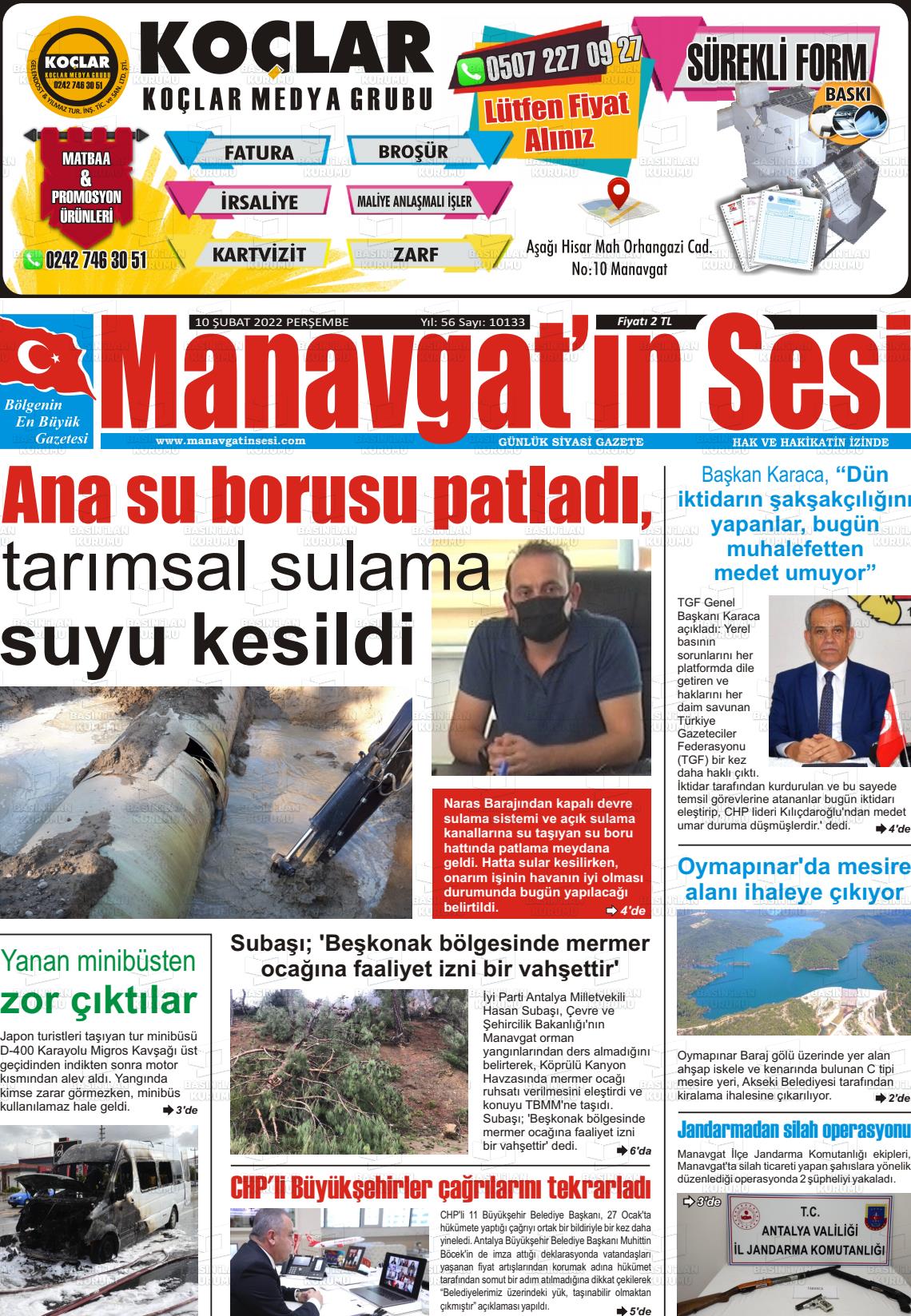 10 Şubat 2022 Manavgat'ın Sesi Gazete Manşeti