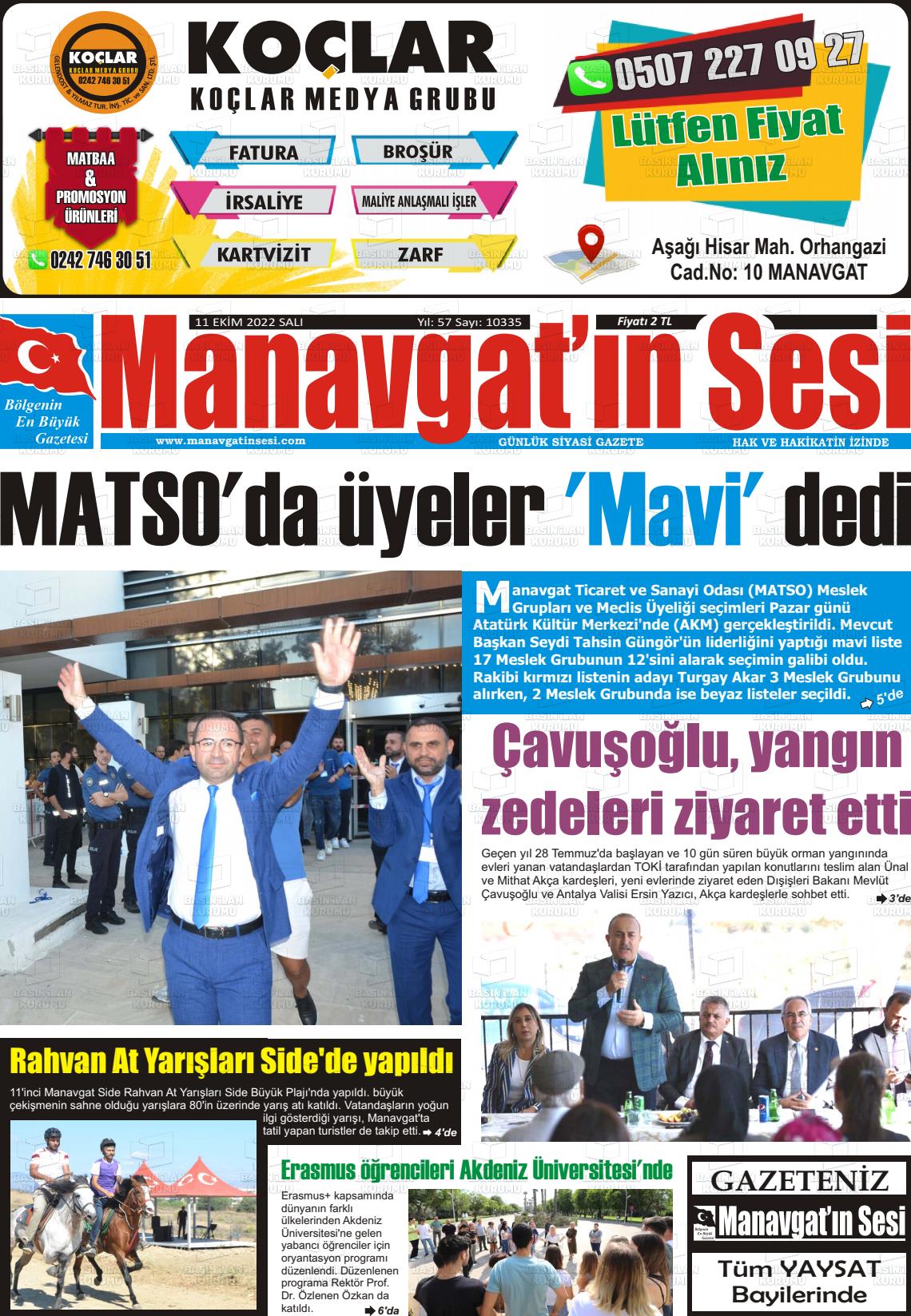 11 Ekim 2022 Manavgat'ın Sesi Gazete Manşeti