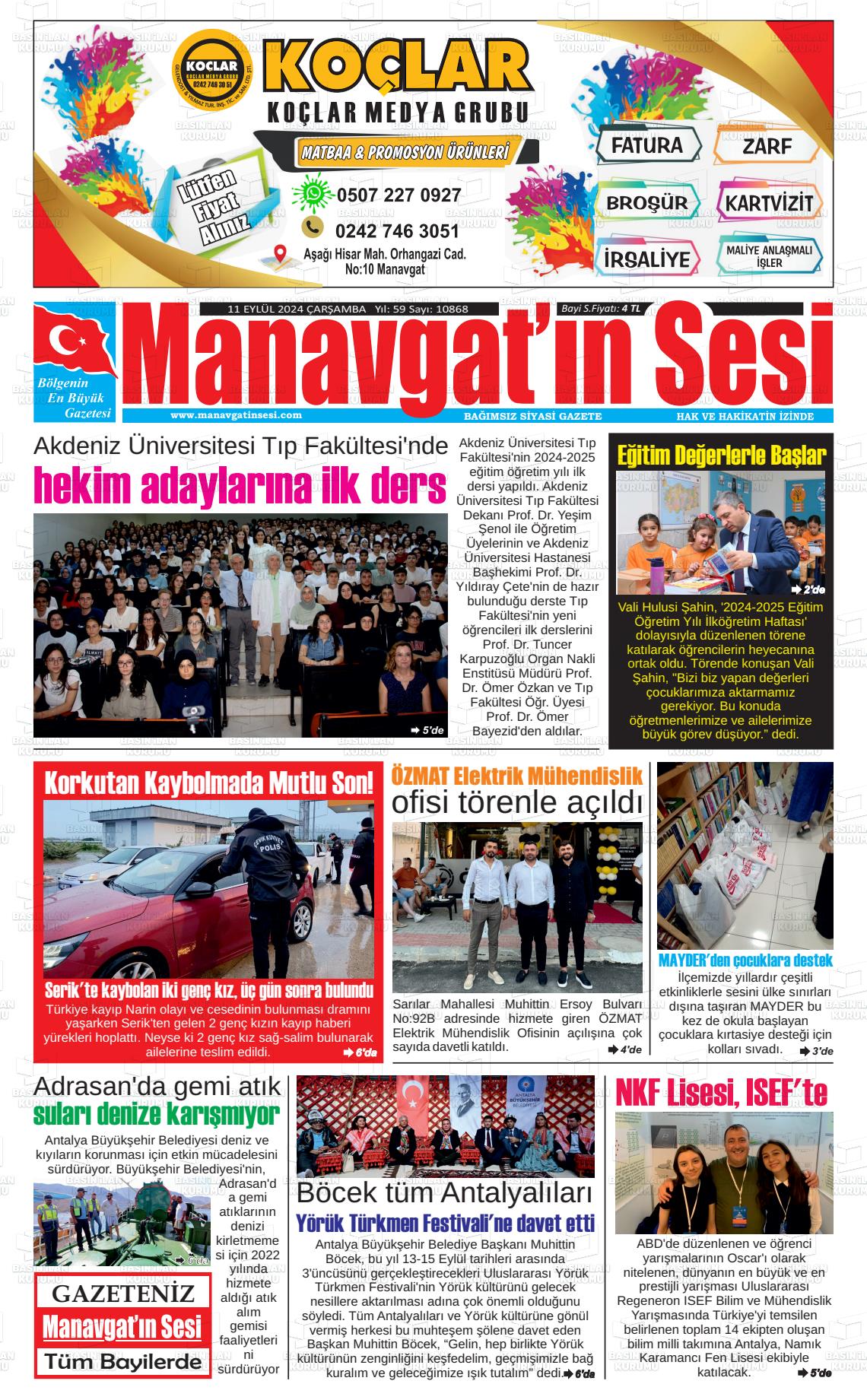 11 Eylül 2024 Manavgat'ın Sesi Gazete Manşeti