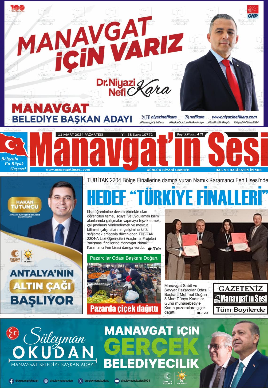 11 Mart 2024 Manavgat'ın Sesi Gazete Manşeti