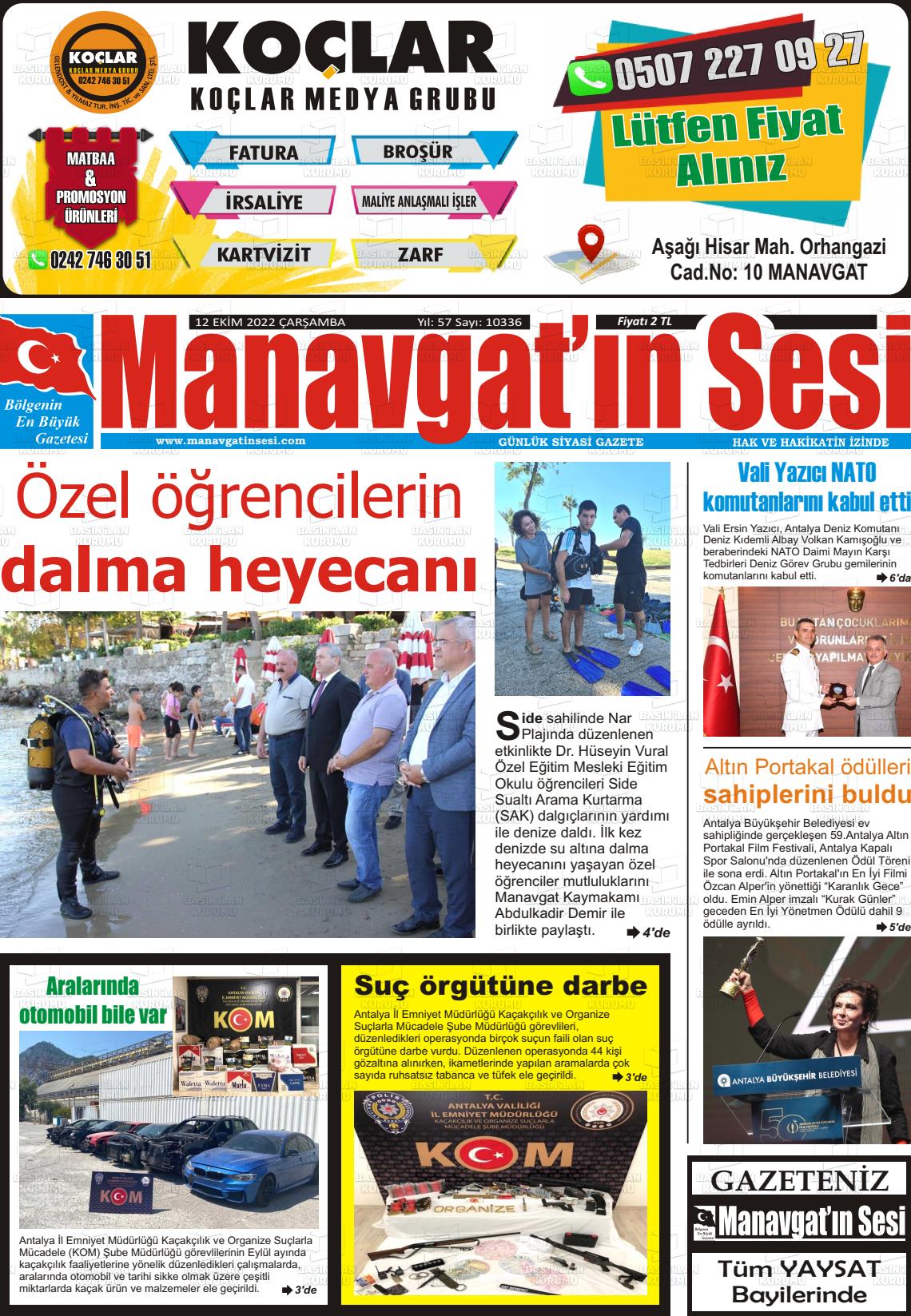 12 Ekim 2022 Manavgat'ın Sesi Gazete Manşeti