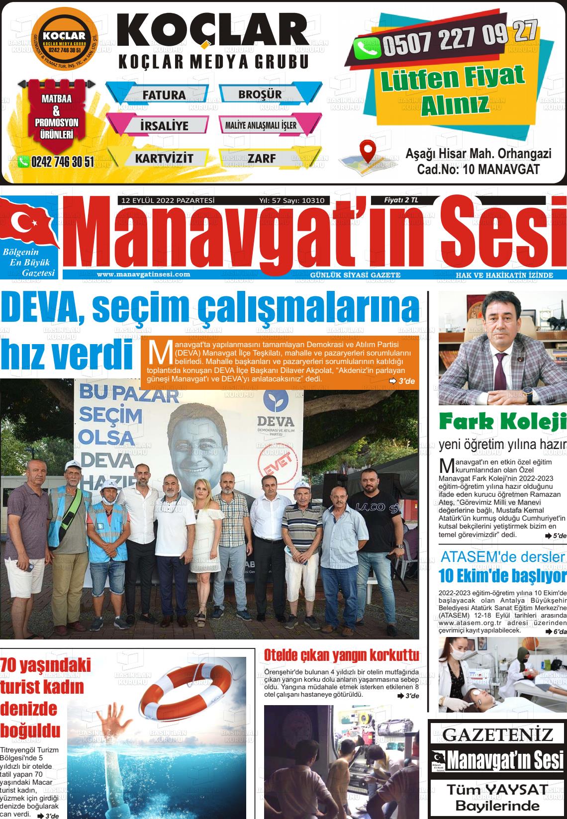 12 Eylül 2022 Manavgat'ın Sesi Gazete Manşeti