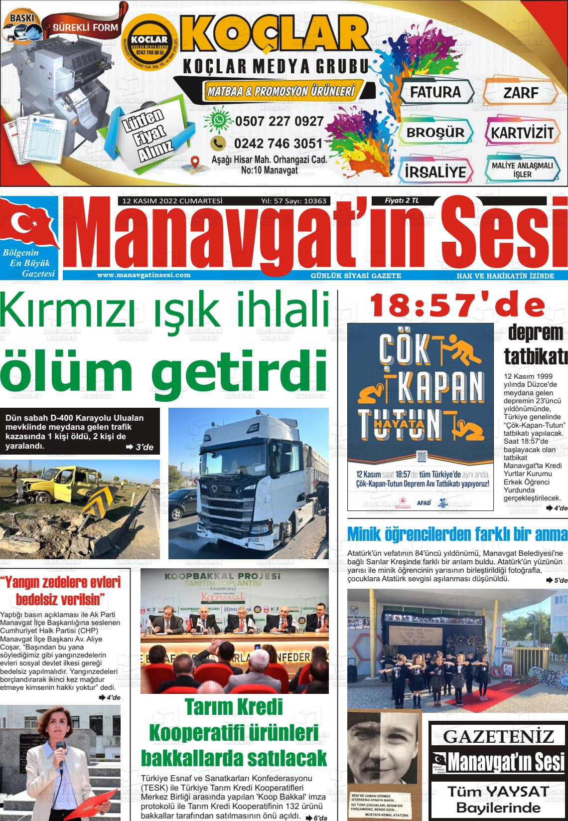 12 Kasım 2022 Manavgat'ın Sesi Gazete Manşeti