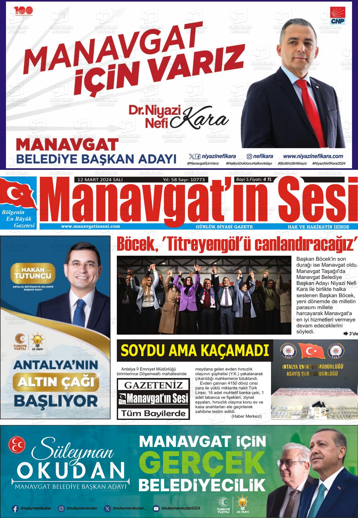 12 Mart 2024 Manavgat'ın Sesi Gazete Manşeti