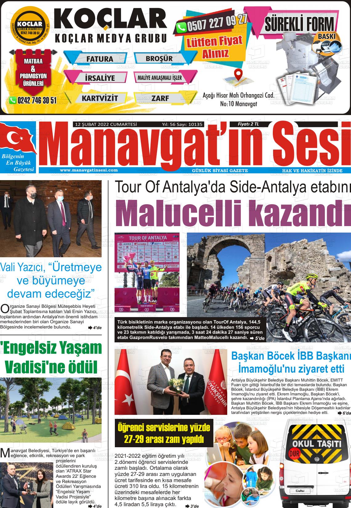 12 Şubat 2022 Manavgat'ın Sesi Gazete Manşeti