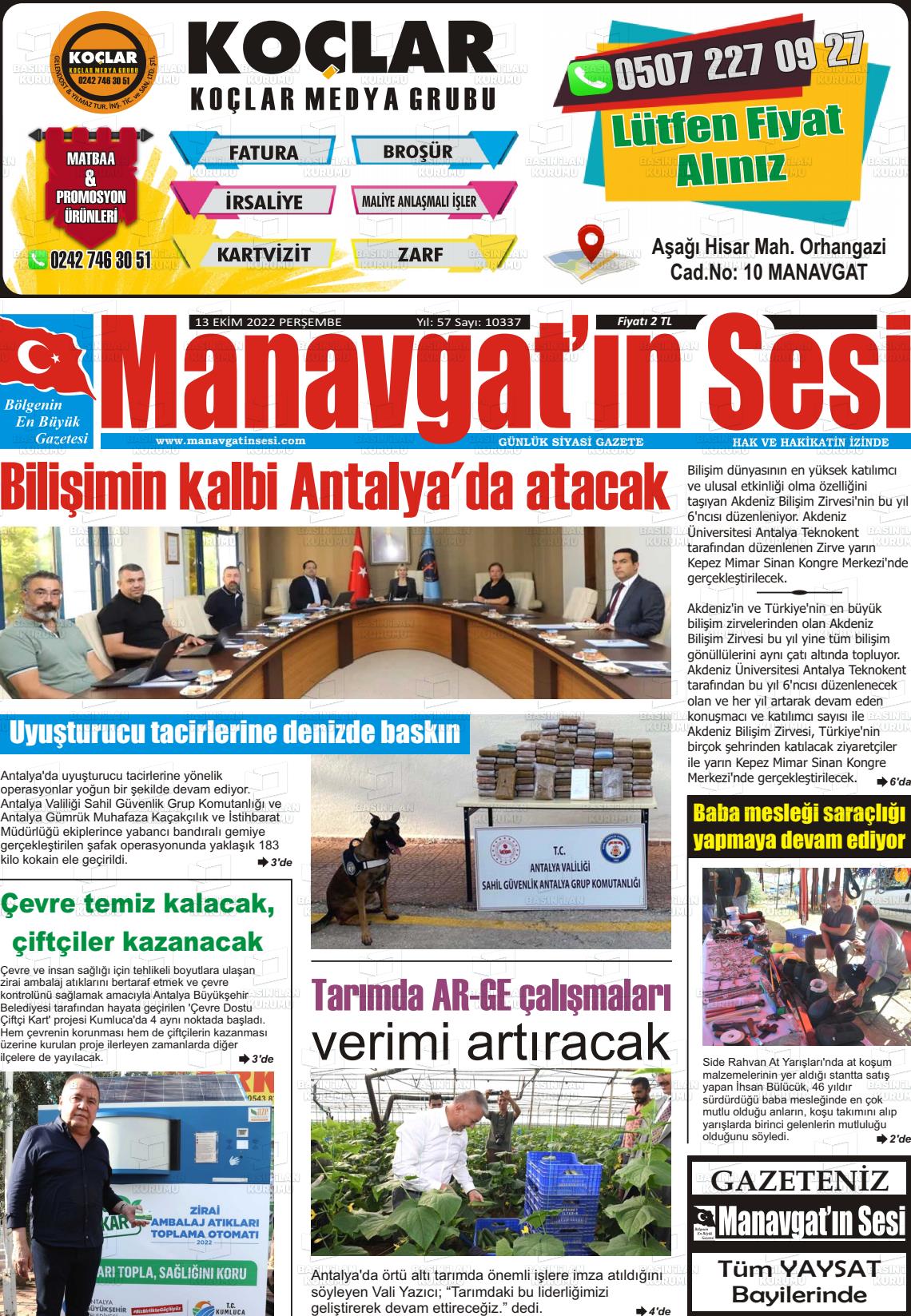 13 Ekim 2022 Manavgat'ın Sesi Gazete Manşeti