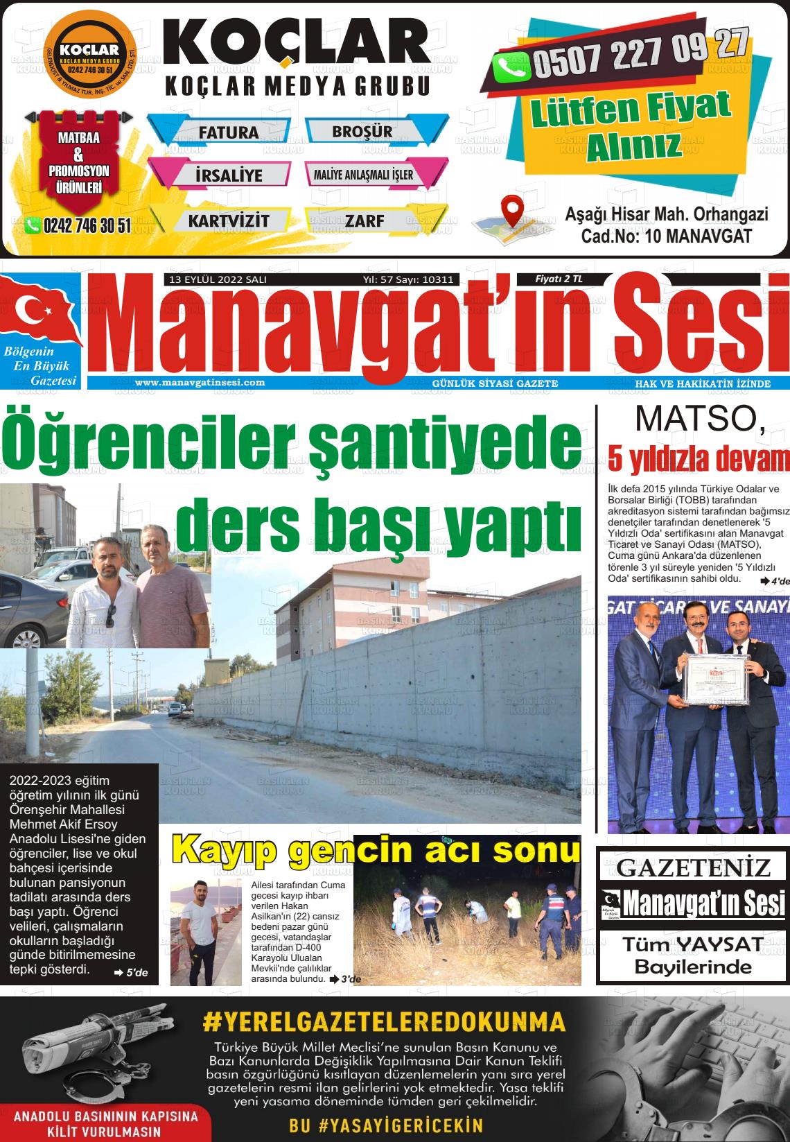 13 Eylül 2022 Manavgat'ın Sesi Gazete Manşeti