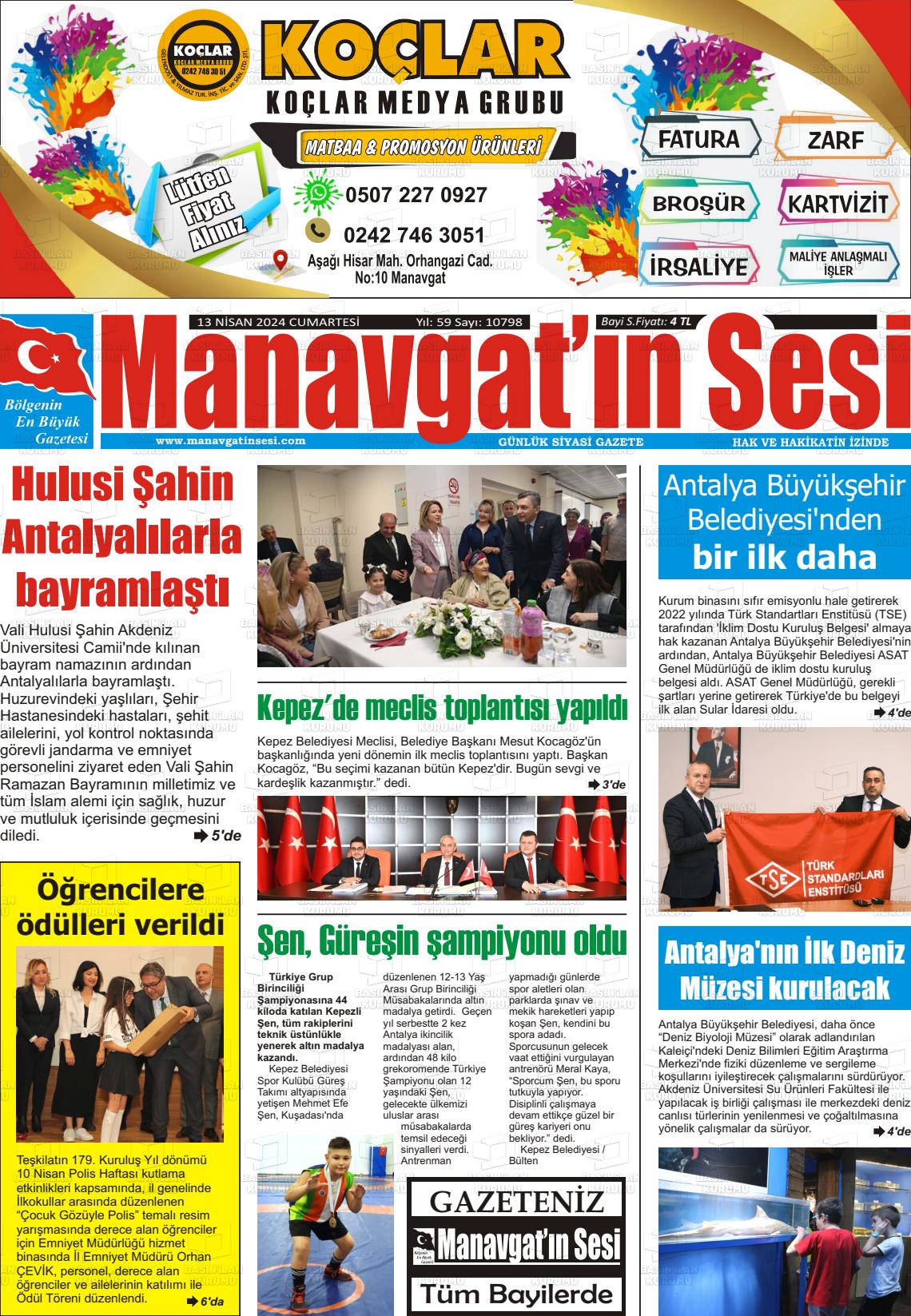 13 Nisan 2024 Manavgat'ın Sesi Gazete Manşeti