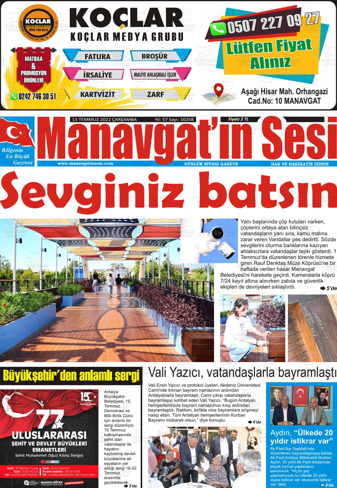 10 Eylül 2022 Manavgat'ın Sesi Gazete Manşeti