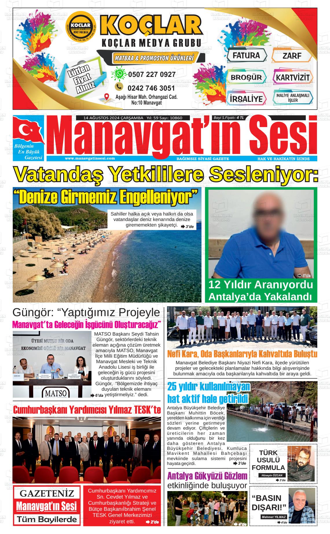 14 Ağustos 2024 Manavgat'ın Sesi Gazete Manşeti