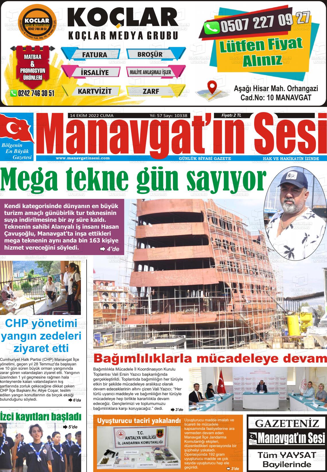 14 Ekim 2022 Manavgat'ın Sesi Gazete Manşeti