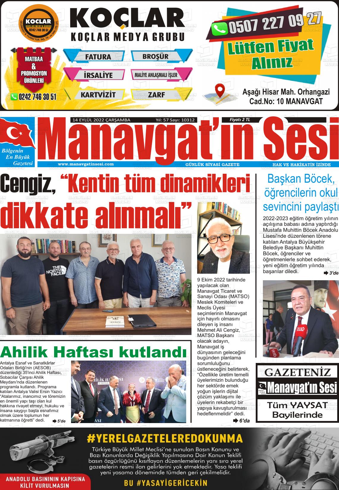 14 Eylül 2022 Manavgat'ın Sesi Gazete Manşeti