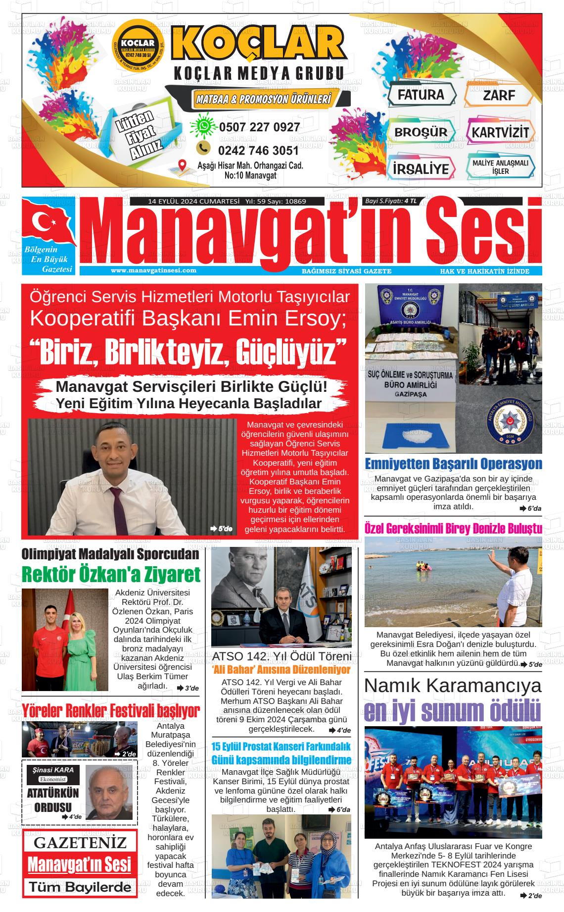 14 Eylül 2024 Manavgat'ın Sesi Gazete Manşeti