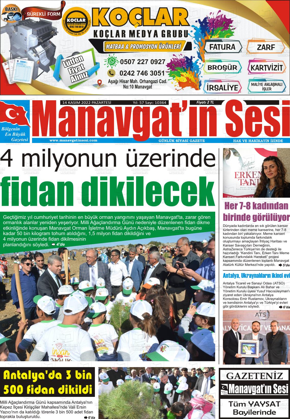 14 Kasım 2022 Manavgat'ın Sesi Gazete Manşeti