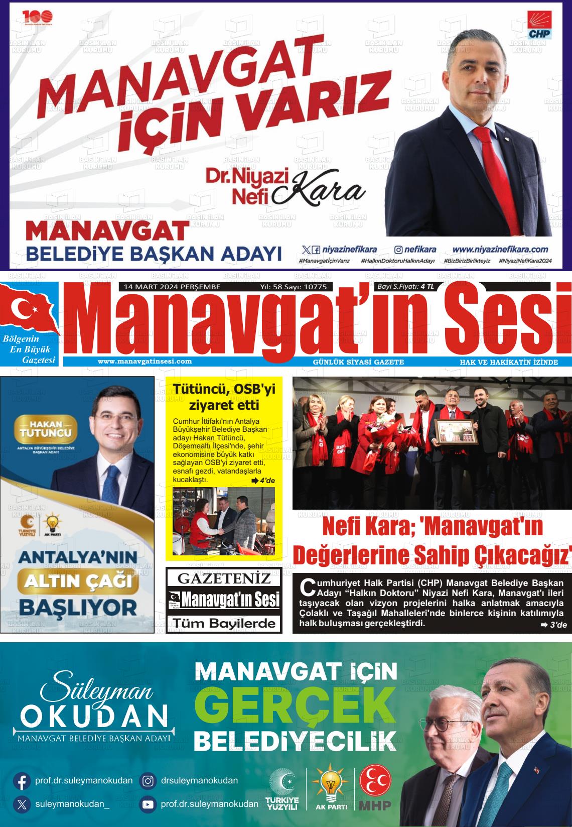 14 Mart 2024 Manavgat'ın Sesi Gazete Manşeti