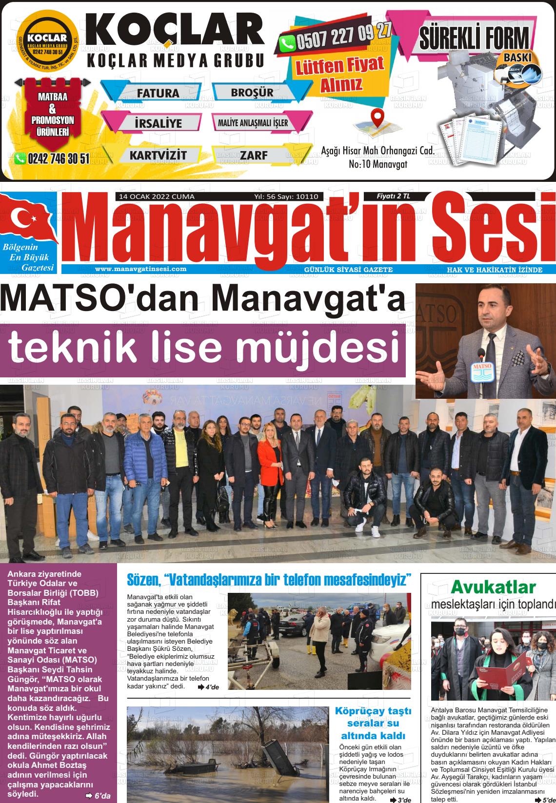 14 Ocak 2022 Manavgat'ın Sesi Gazete Manşeti