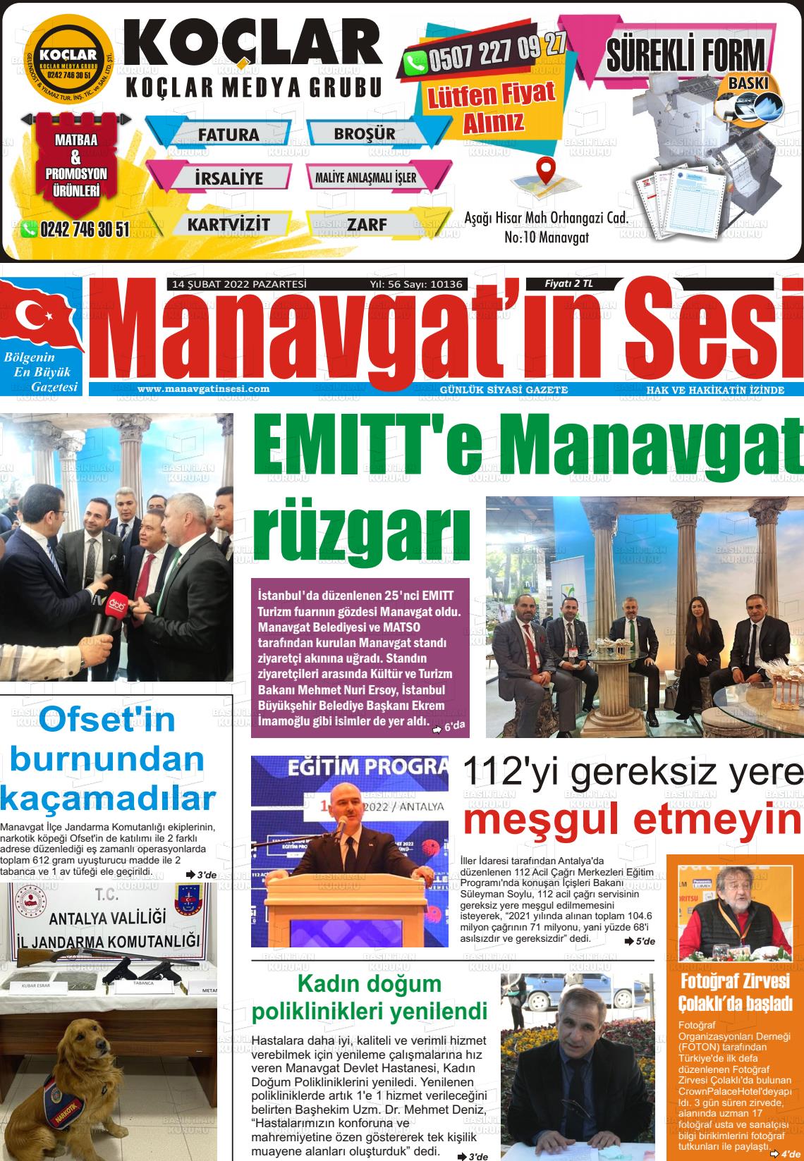 14 Şubat 2022 Manavgat'ın Sesi Gazete Manşeti