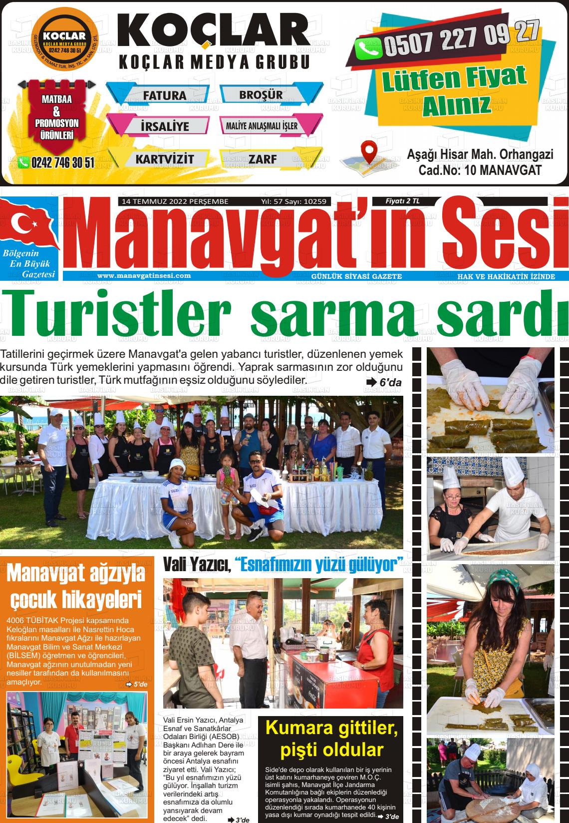 14 Temmuz 2022 Manavgat'ın Sesi Gazete Manşeti