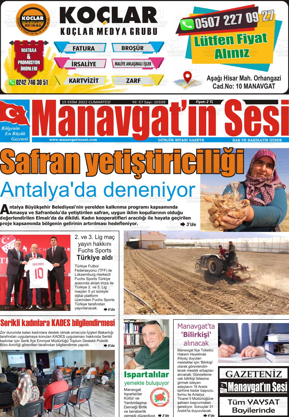 15 Ekim 2022 Manavgat'ın Sesi Gazete Manşeti