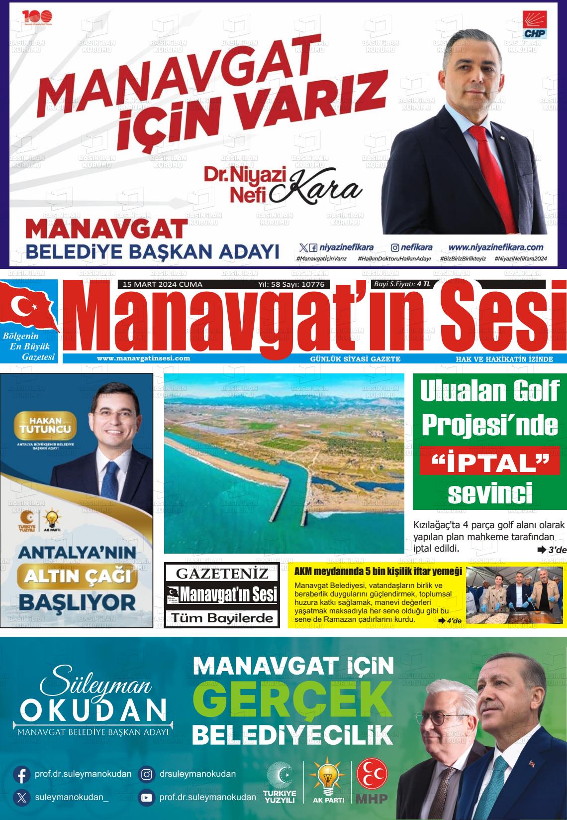 15 Mart 2024 Manavgat'ın Sesi Gazete Manşeti