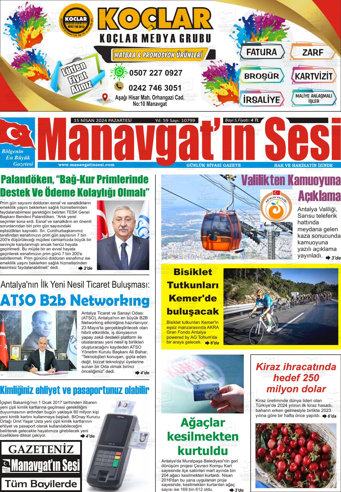 15 Nisan 2024 Manavgat'ın Sesi Gazete Manşeti