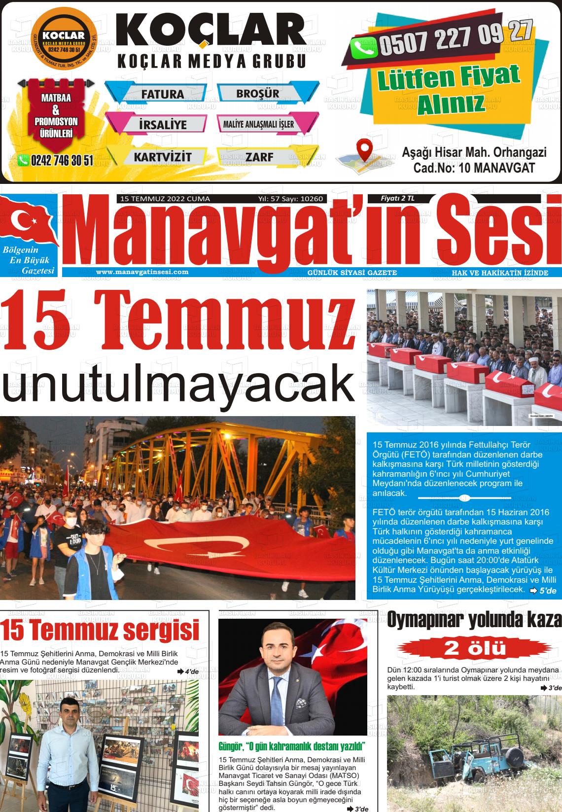 15 Temmuz 2022 Manavgat'ın Sesi Gazete Manşeti