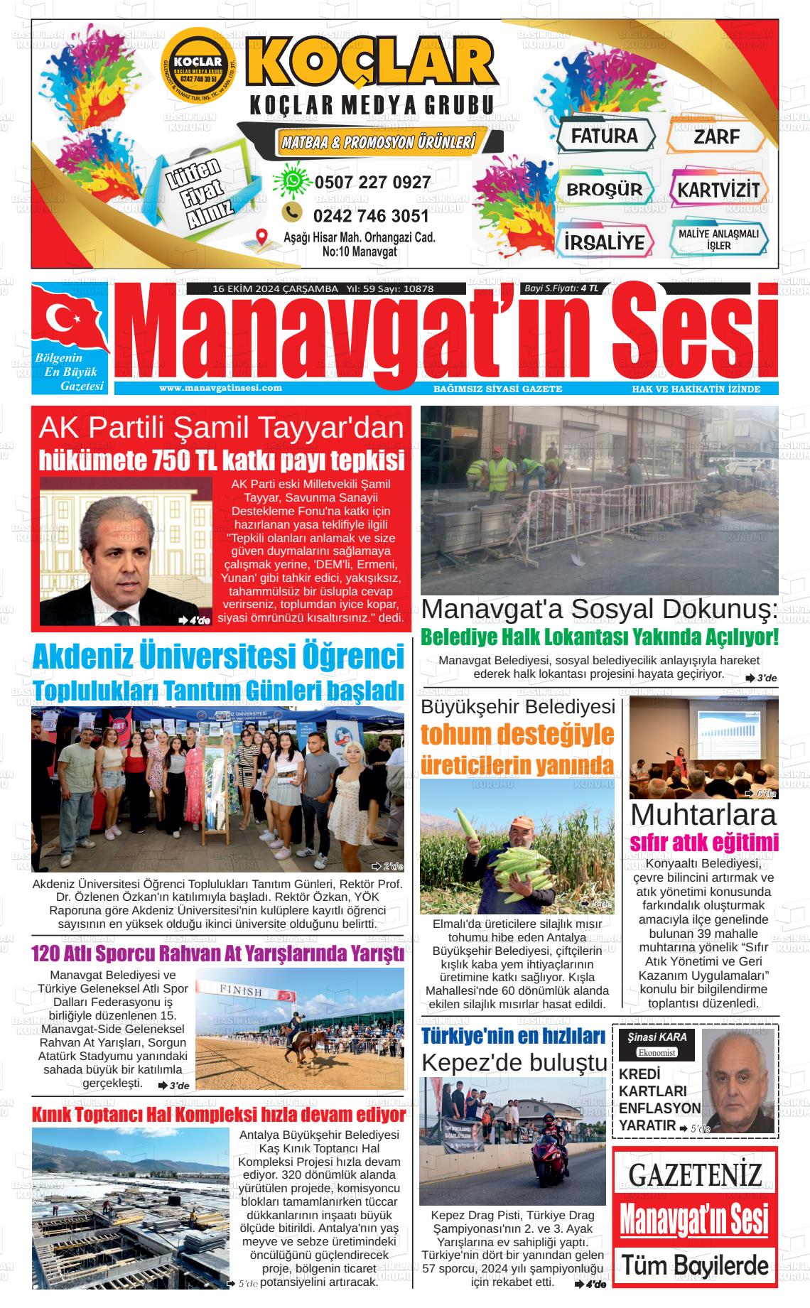 16 Ekim 2024 Manavgat'ın Sesi Gazete Manşeti