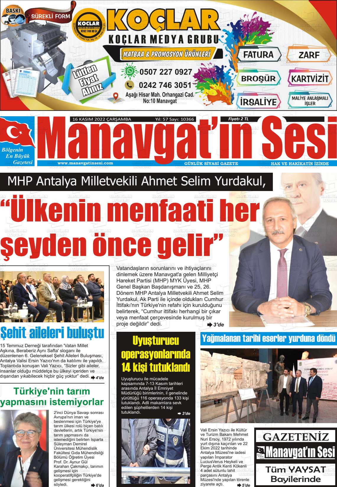 16 Kasım 2022 Manavgat'ın Sesi Gazete Manşeti