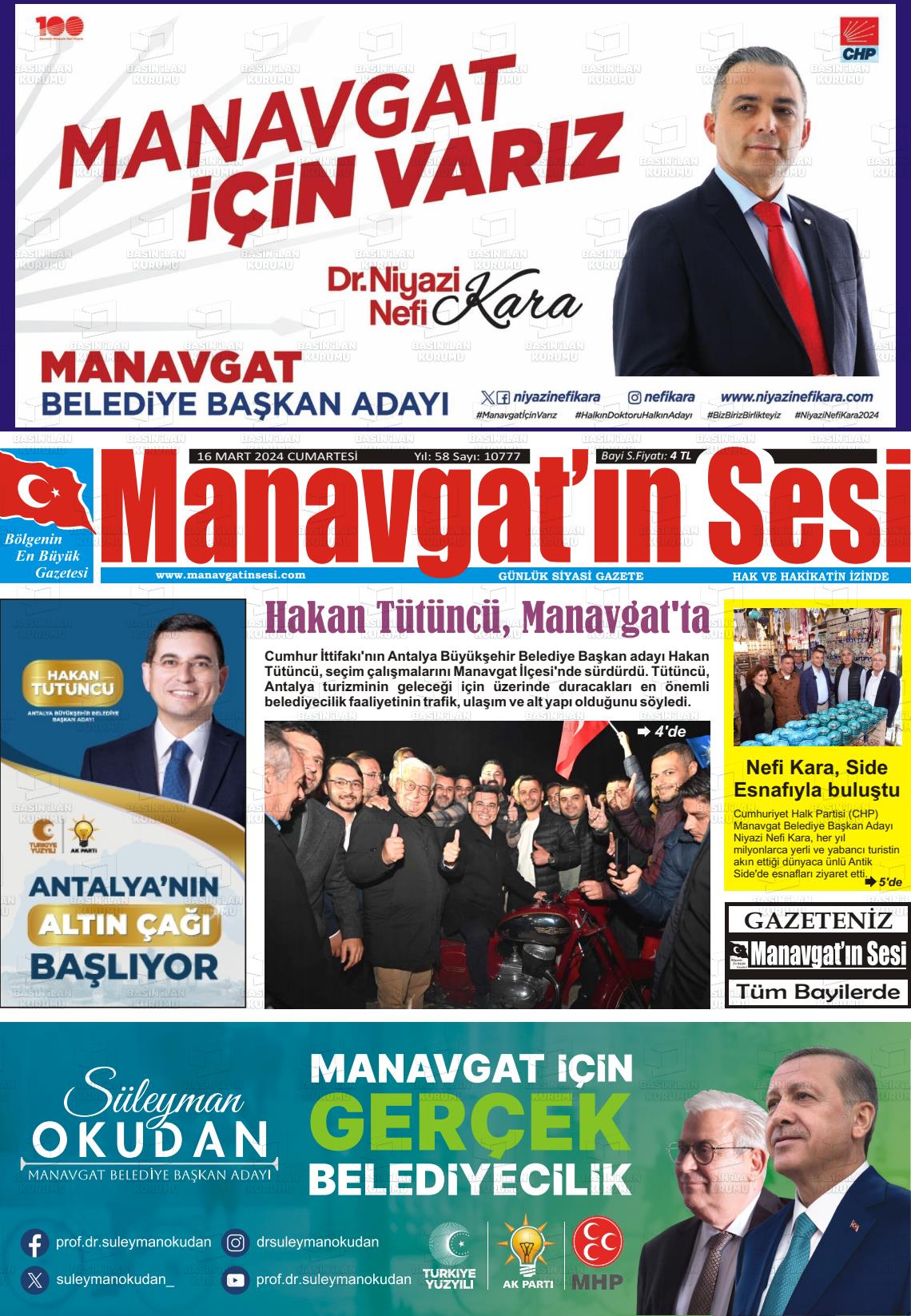 16 Mart 2024 Manavgat'ın Sesi Gazete Manşeti