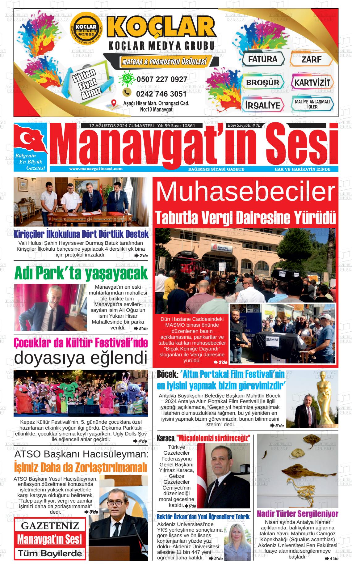 17 Ağustos 2024 Manavgat'ın Sesi Gazete Manşeti