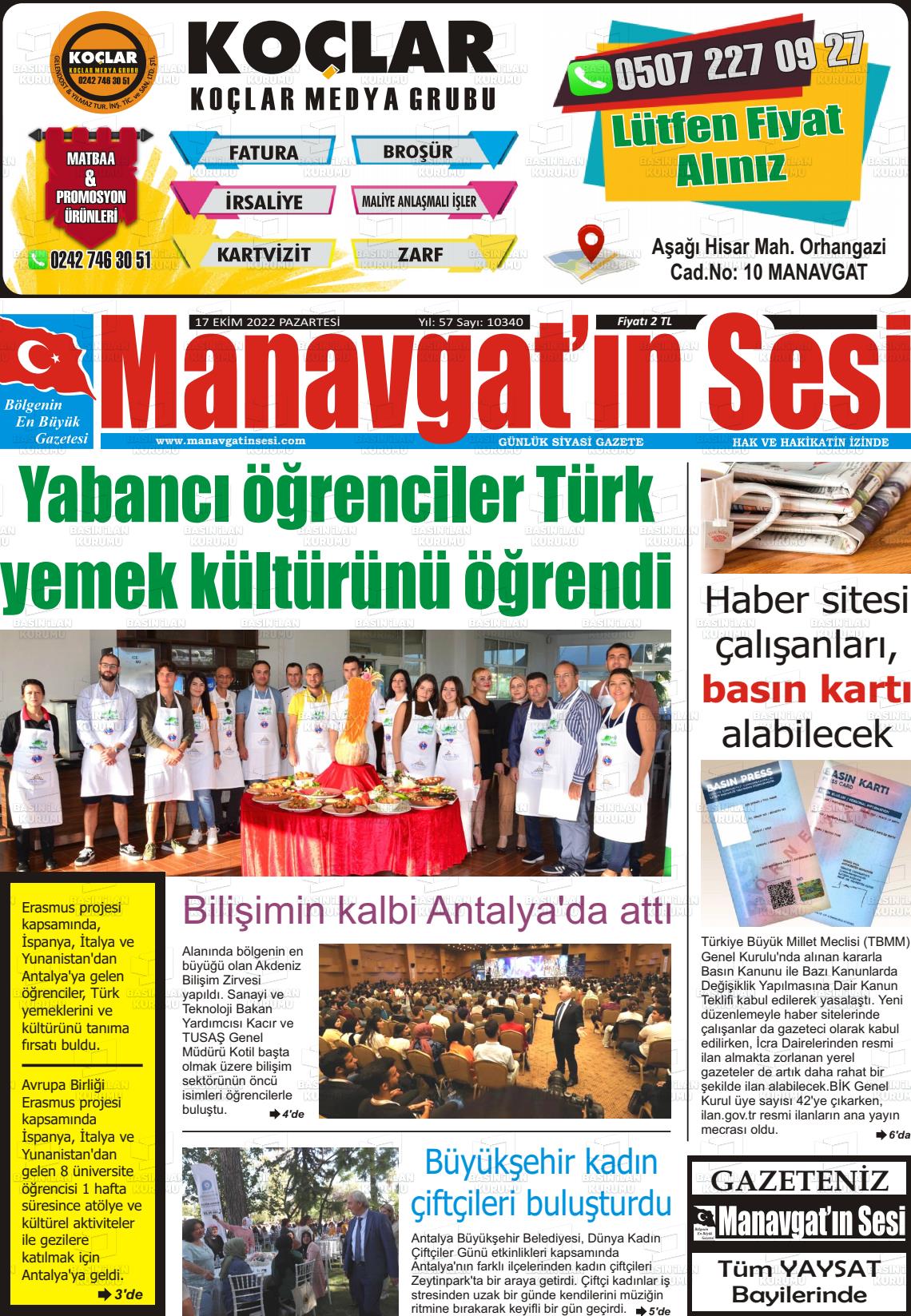 17 Ekim 2022 Manavgat'ın Sesi Gazete Manşeti