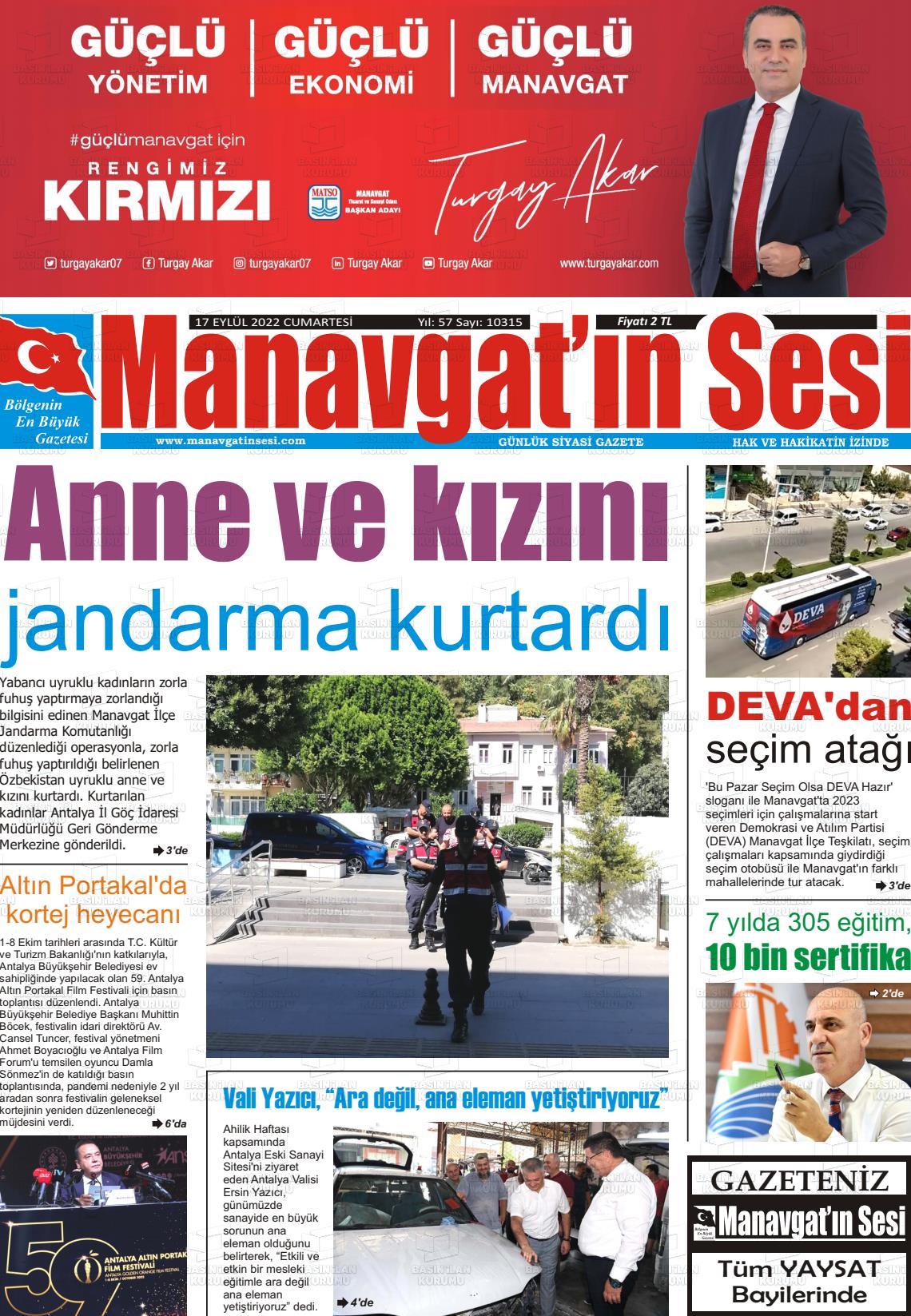 17 Eylül 2022 Manavgat'ın Sesi Gazete Manşeti