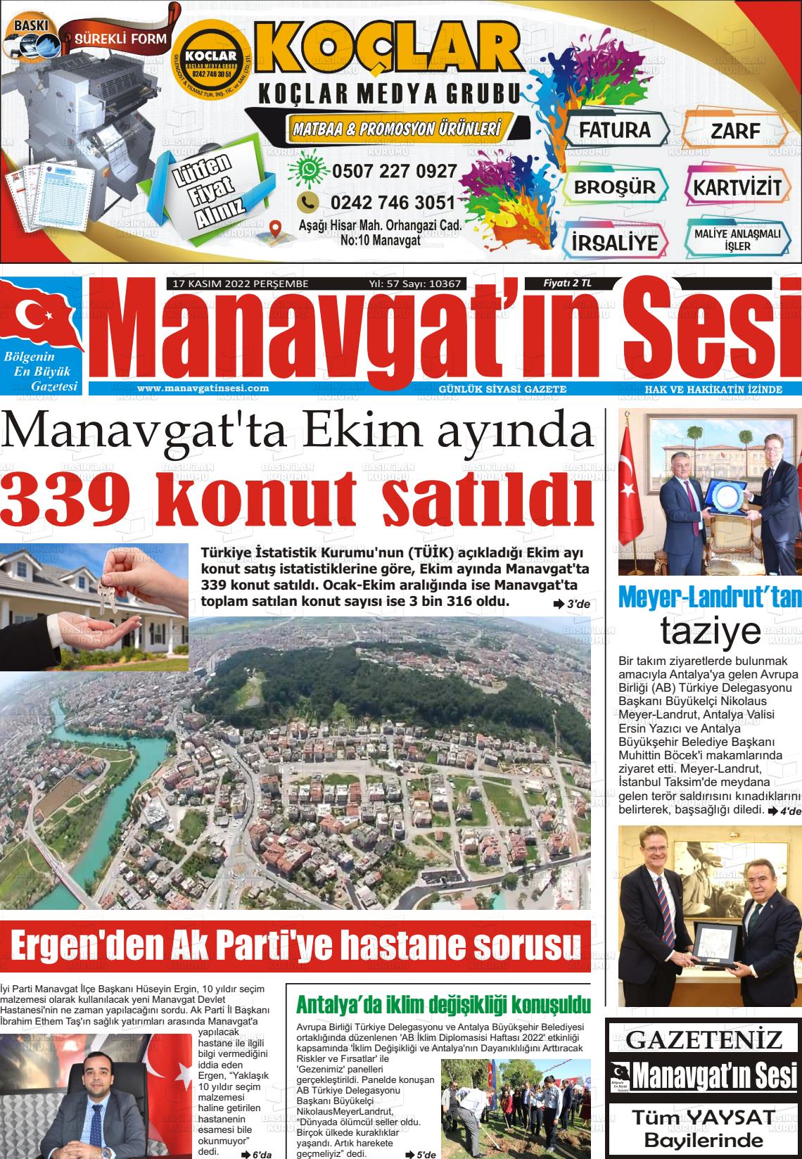 17 Kasım 2022 Manavgat'ın Sesi Gazete Manşeti