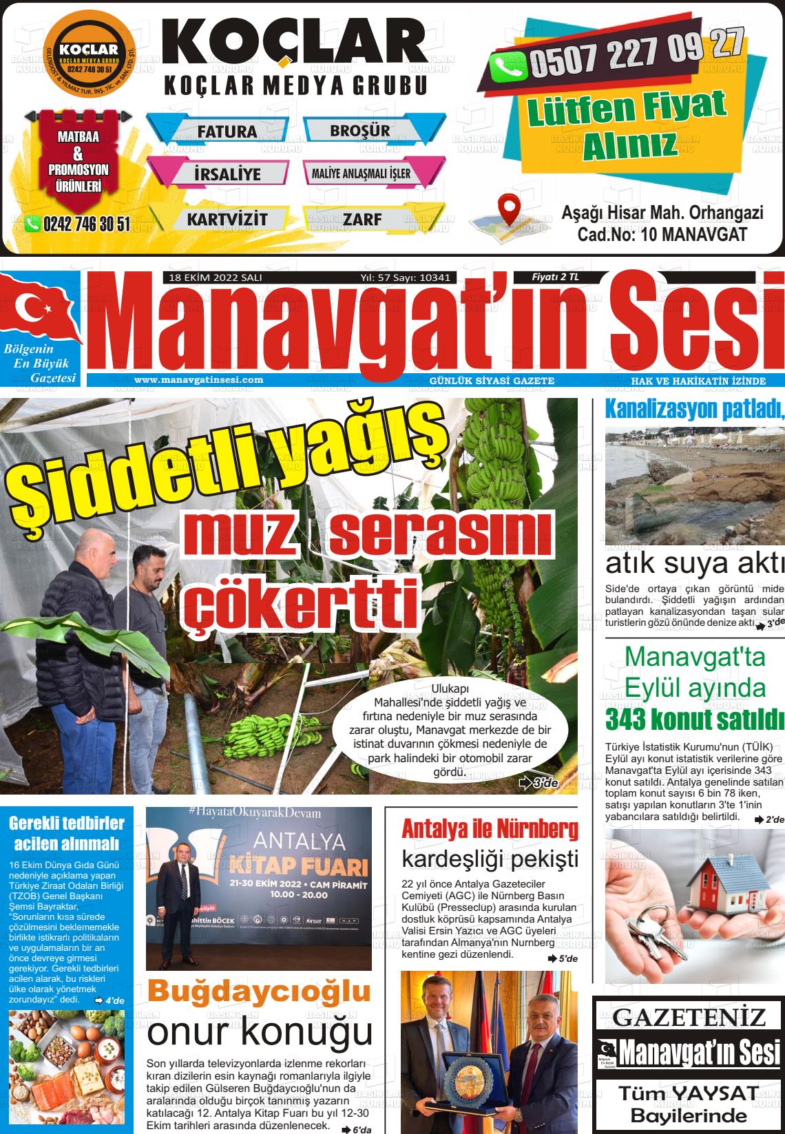 18 Ekim 2022 Manavgat'ın Sesi Gazete Manşeti