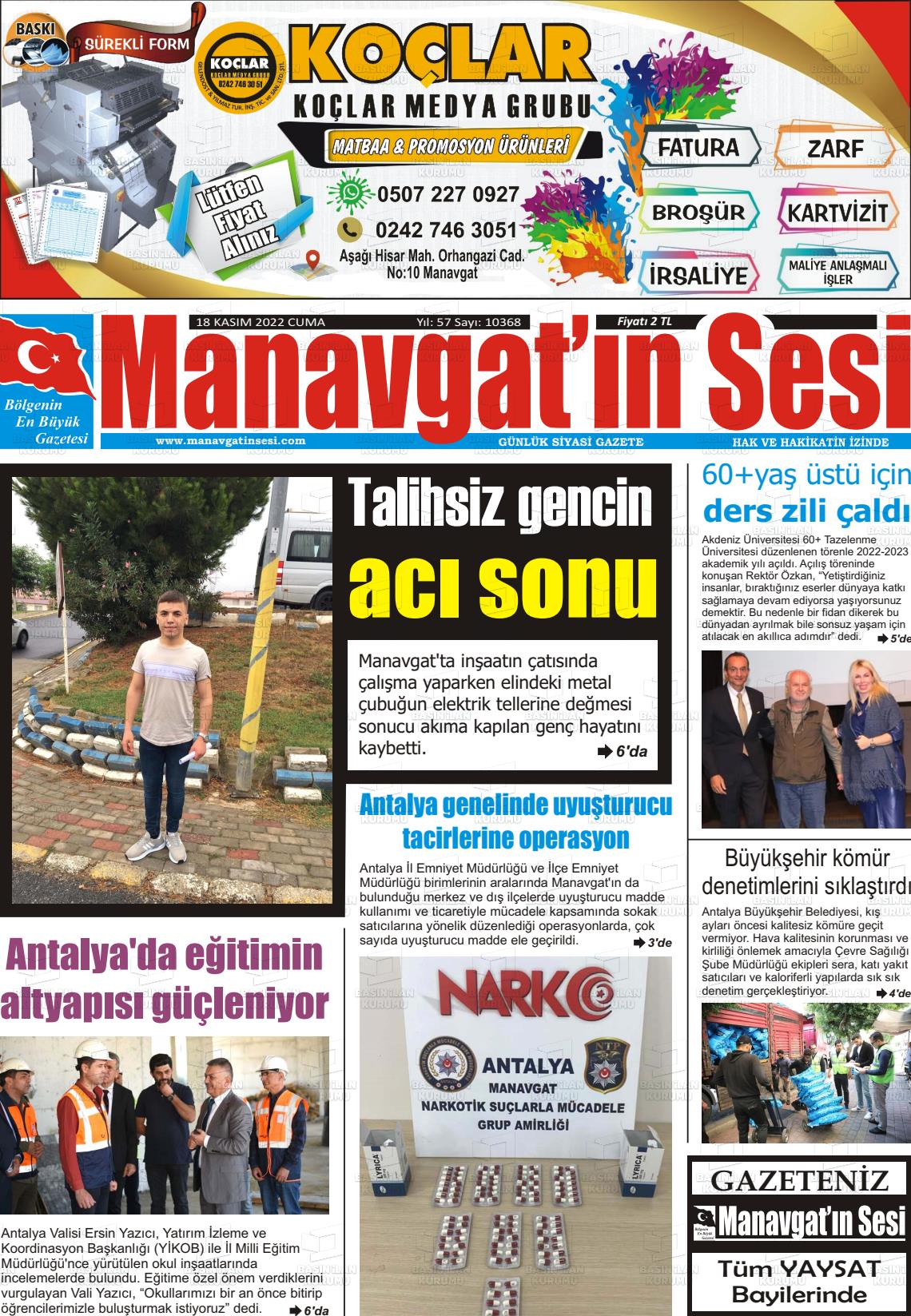 18 Kasım 2022 Manavgat'ın Sesi Gazete Manşeti