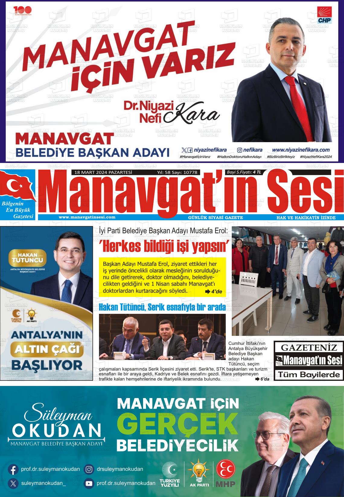 18 Mart 2024 Manavgat'ın Sesi Gazete Manşeti