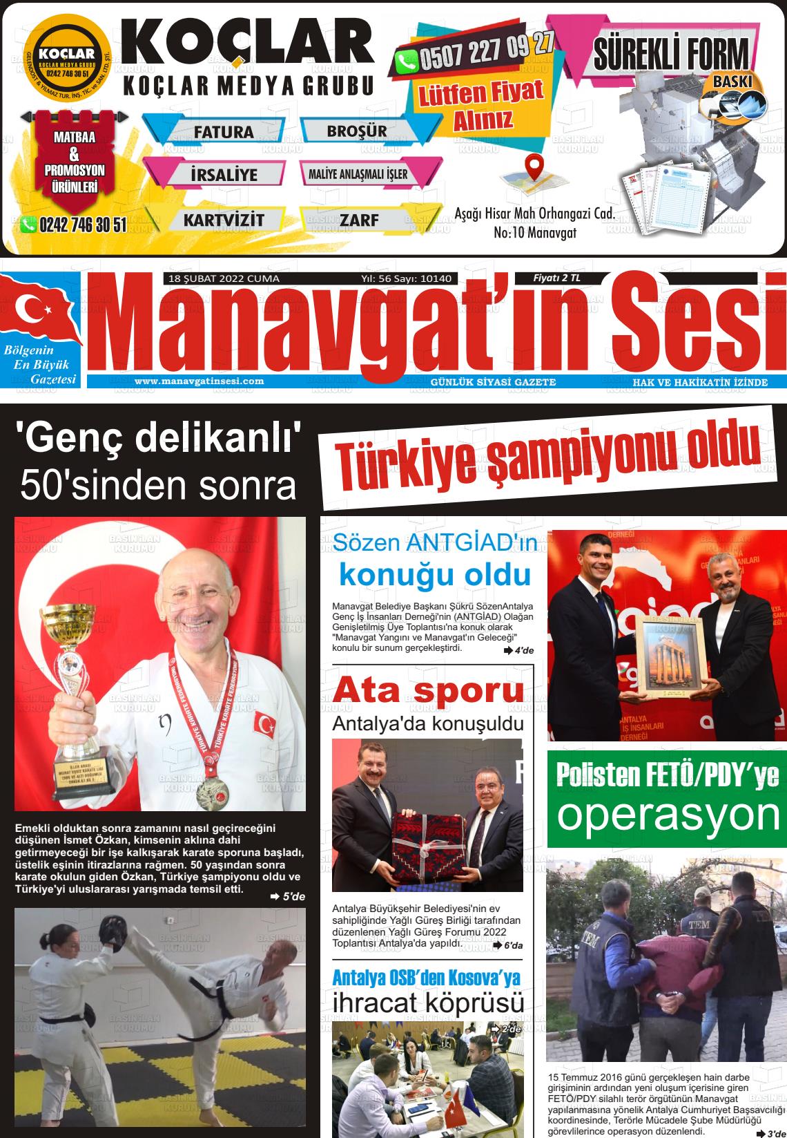 18 Şubat 2022 Manavgat'ın Sesi Gazete Manşeti