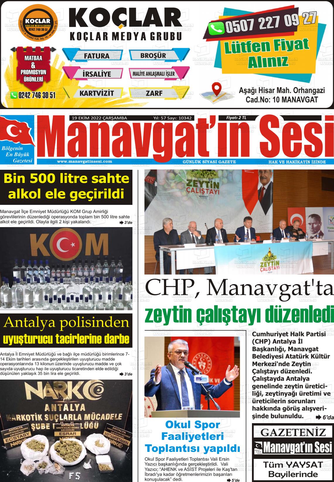 19 Ekim 2022 Manavgat'ın Sesi Gazete Manşeti