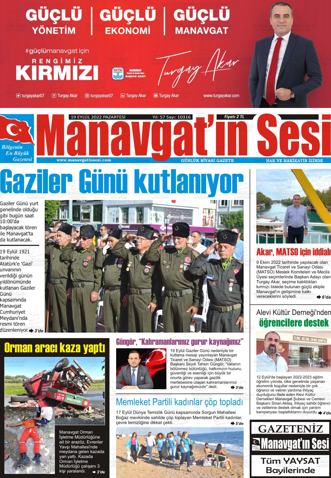 19 Eylül 2022 Manavgat'ın Sesi Gazete Manşeti