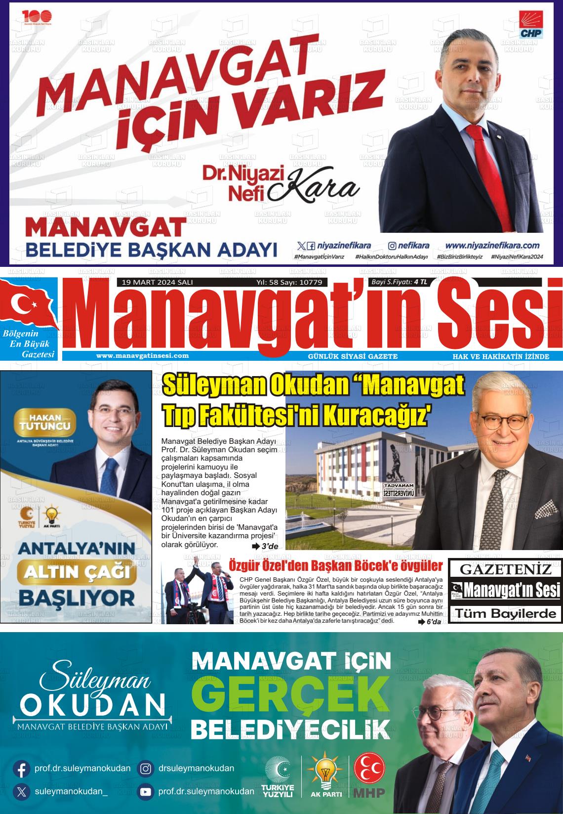 19 Mart 2024 Manavgat'ın Sesi Gazete Manşeti