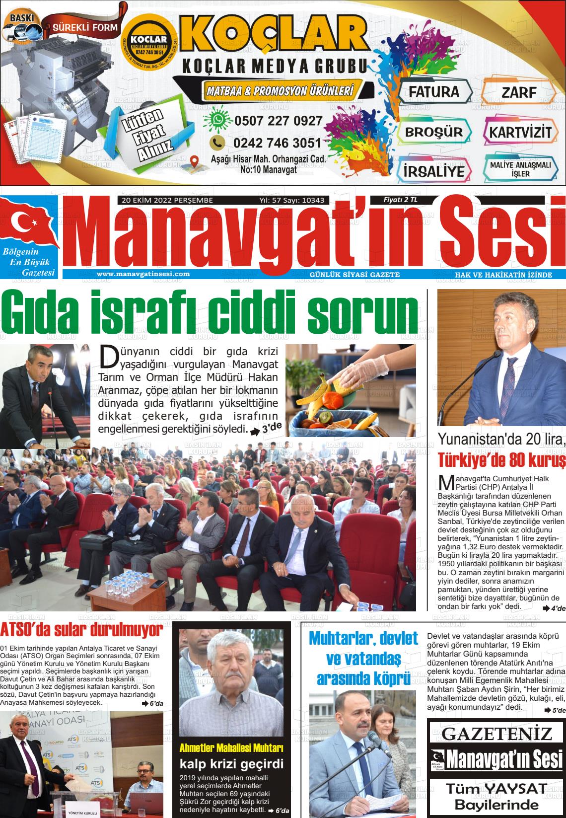 20 Ekim 2022 Manavgat'ın Sesi Gazete Manşeti