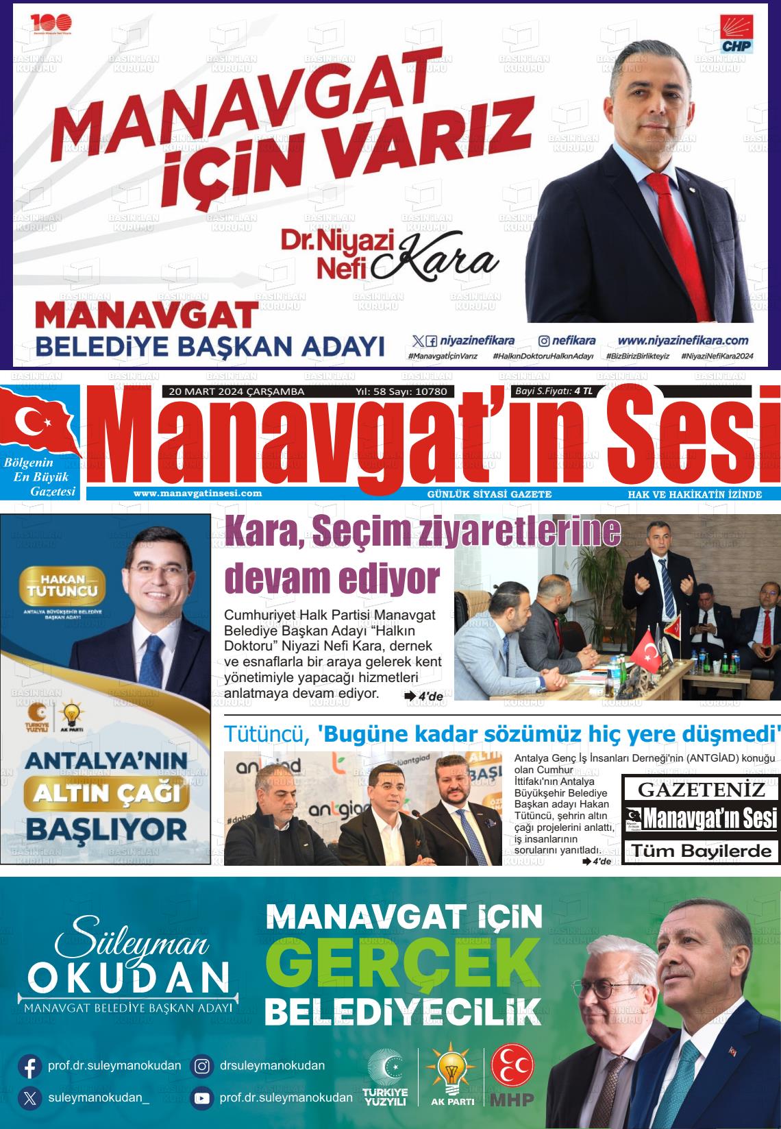 20 Mart 2024 Manavgat'ın Sesi Gazete Manşeti