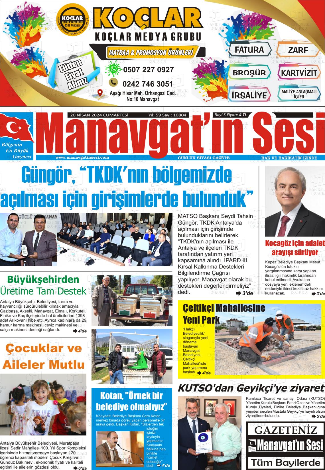 20 Nisan 2024 Manavgat'ın Sesi Gazete Manşeti