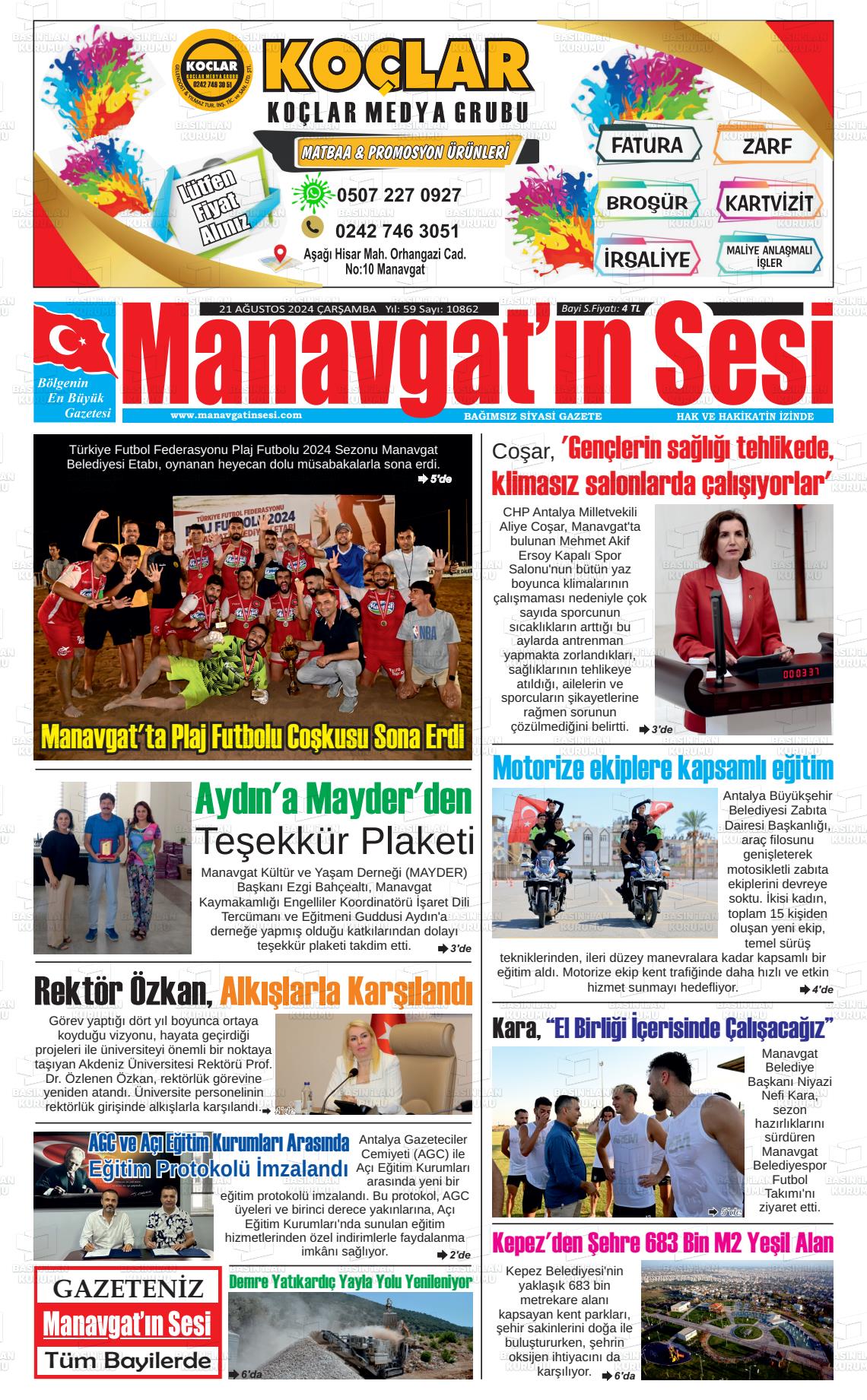 21 Ağustos 2024 Manavgat'ın Sesi Gazete Manşeti