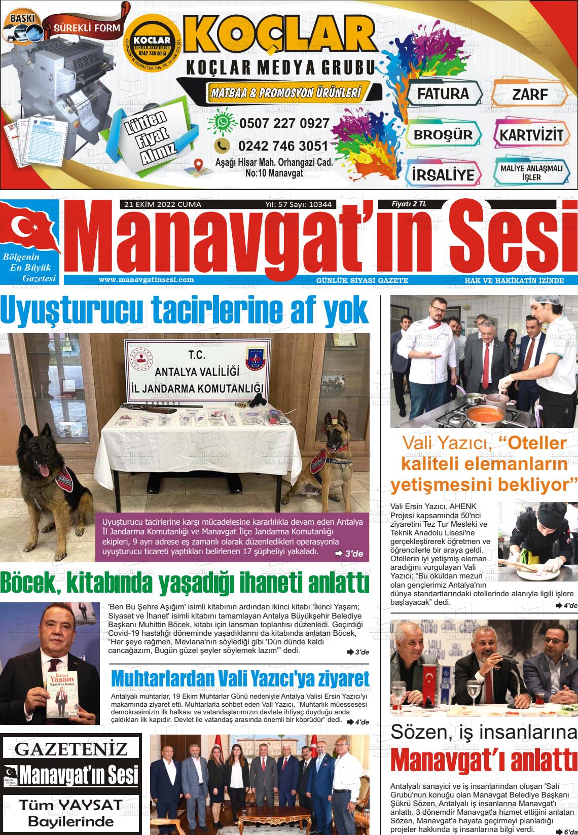 21 Ekim 2022 Manavgat'ın Sesi Gazete Manşeti